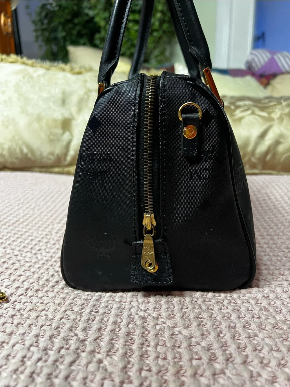 Vintage MCM München Black Visetos Boston Satchel Crossbody Bag